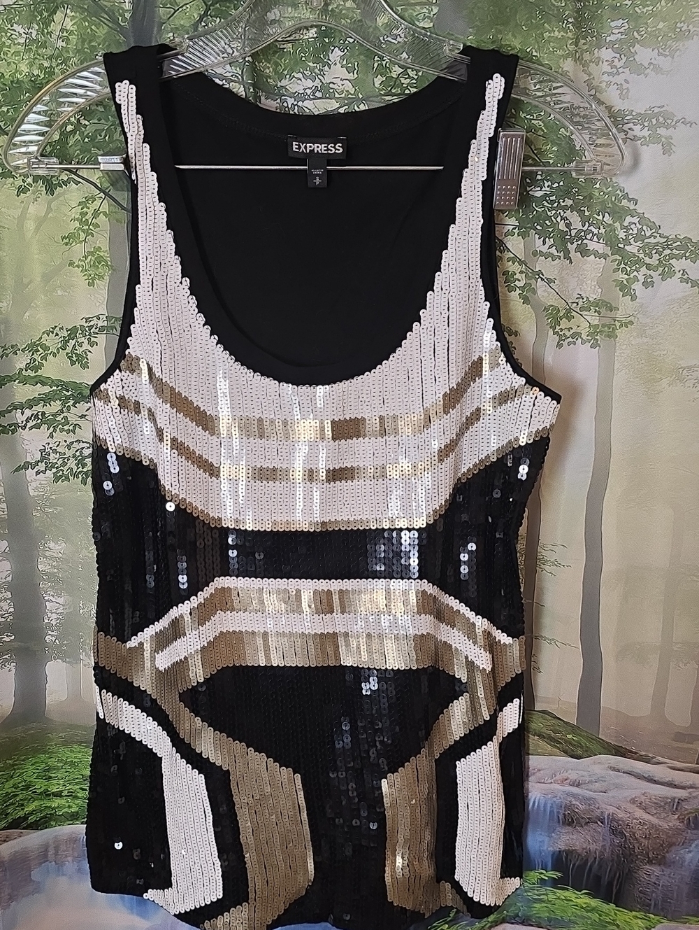 Express Black, White & Gold Sequin Tank